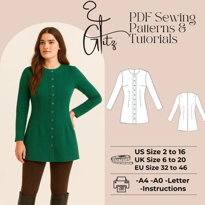 Button Front Tunic Sewing Pattern PDF | Long Sleeve Fitted Dress Top Pattern | Modern Womens Knit Tunic