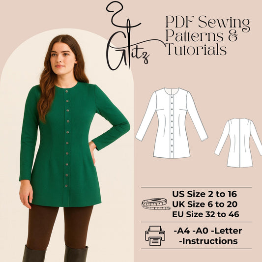 Button Front Tunic Sewing Pattern PDF | Long Sleeve Fitted Dress Top Pattern | Modern Womens Knit Tunic