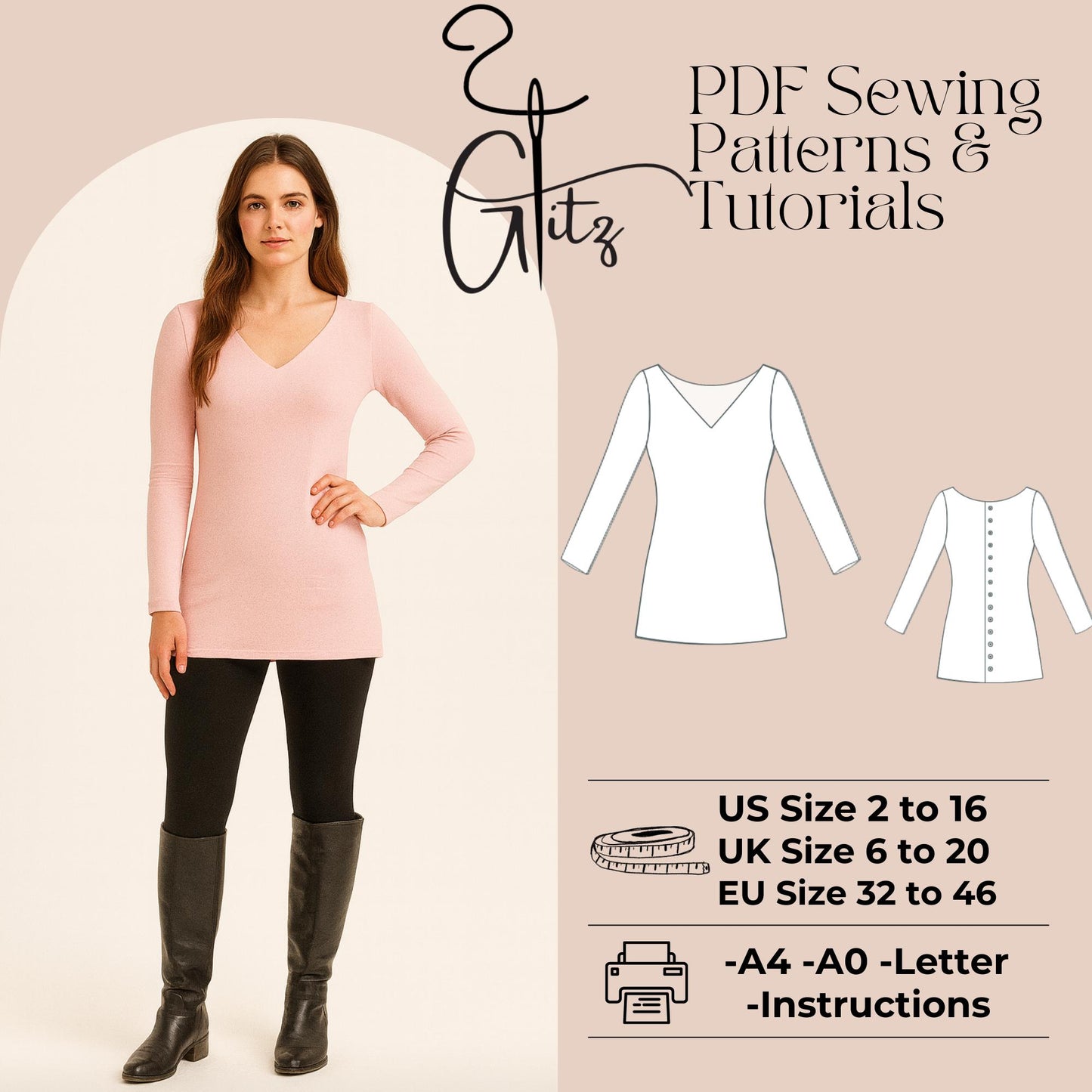 V Neck Tunic Sewing Pattern PDF | Long Sleeve Fitted Knit Top Pattern | Womens Stretch Top Dress Pattern