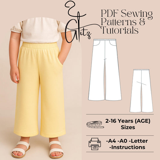 Girls Pants Sewing Pattern Girls Elastic Waist Wide Leg Pants Pattern Kids Palazzo Pant with Pockets Easy Sewing Pattern