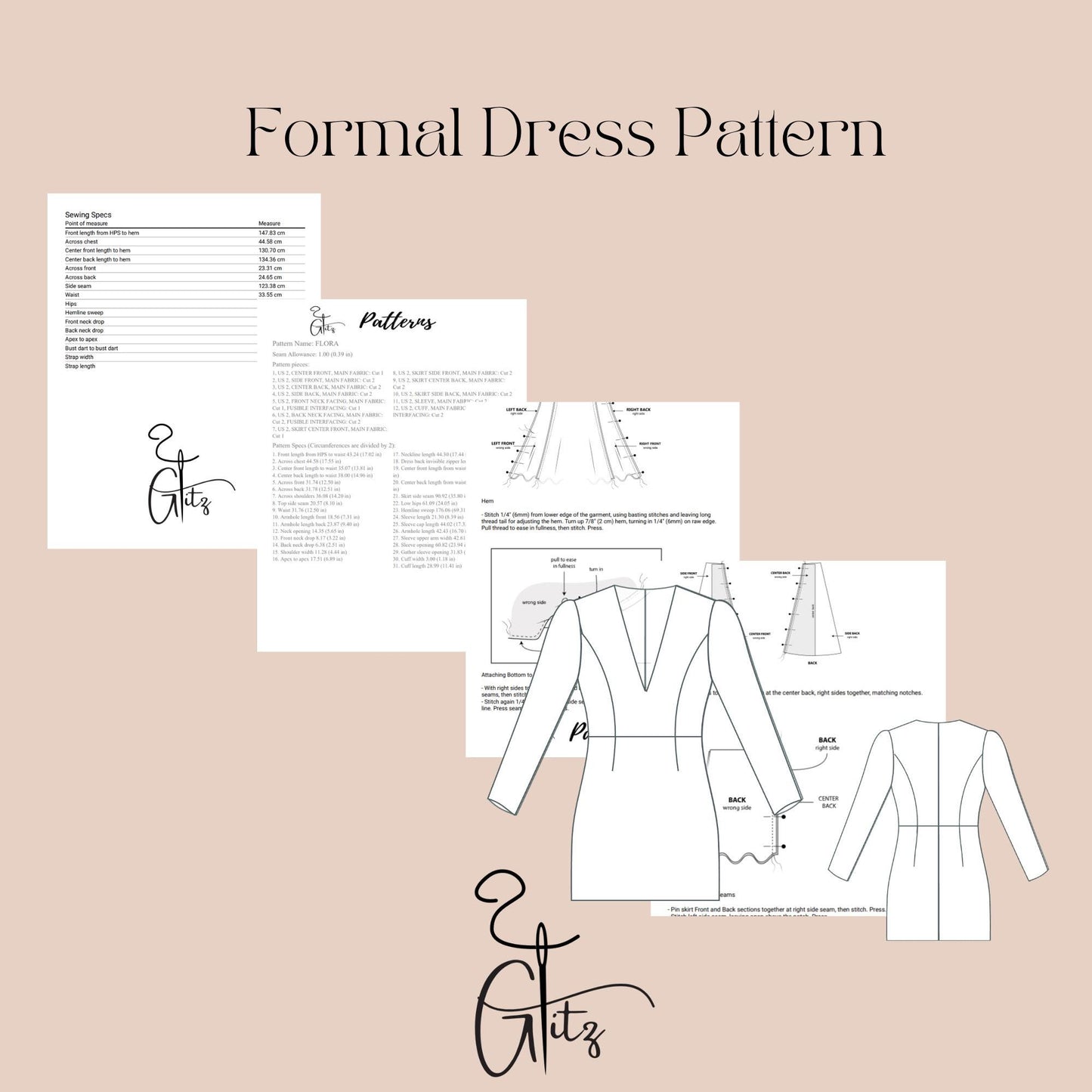 Long Sleeve V Neck Mini Wedding Dress Sewing Pattern Mini Cocktail Prom Dress Digital Sewing Pattern PDF