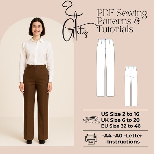 High-Waisted Wide-Leg Trousers Sewing Pattern | Digital PDF | Women's Tailored Pants with Zipper Fly and Waistband