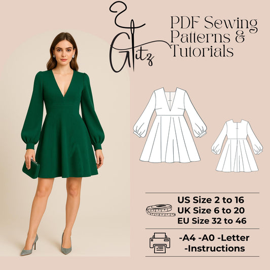 Mini Prom Dress Sewing Pattern Mini Circle Dress Long Sleeve Deep V Neck Evening Dress Pattern