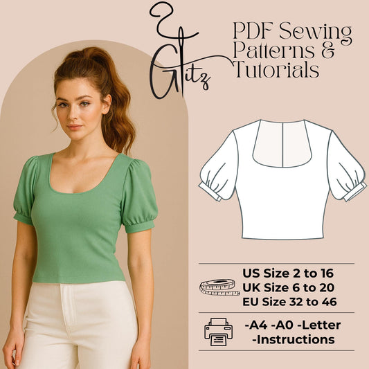 Puff Sleeve Top Sewing Pattern Trapeze Neck Basic Blouse Sewing Pattern Easy Sewing Pattern