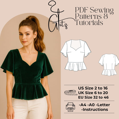 Flare Sleeve Top Sewing Pattern Flared Sleeve Blouse Sewing Pattern: Sweetheart Neck Top