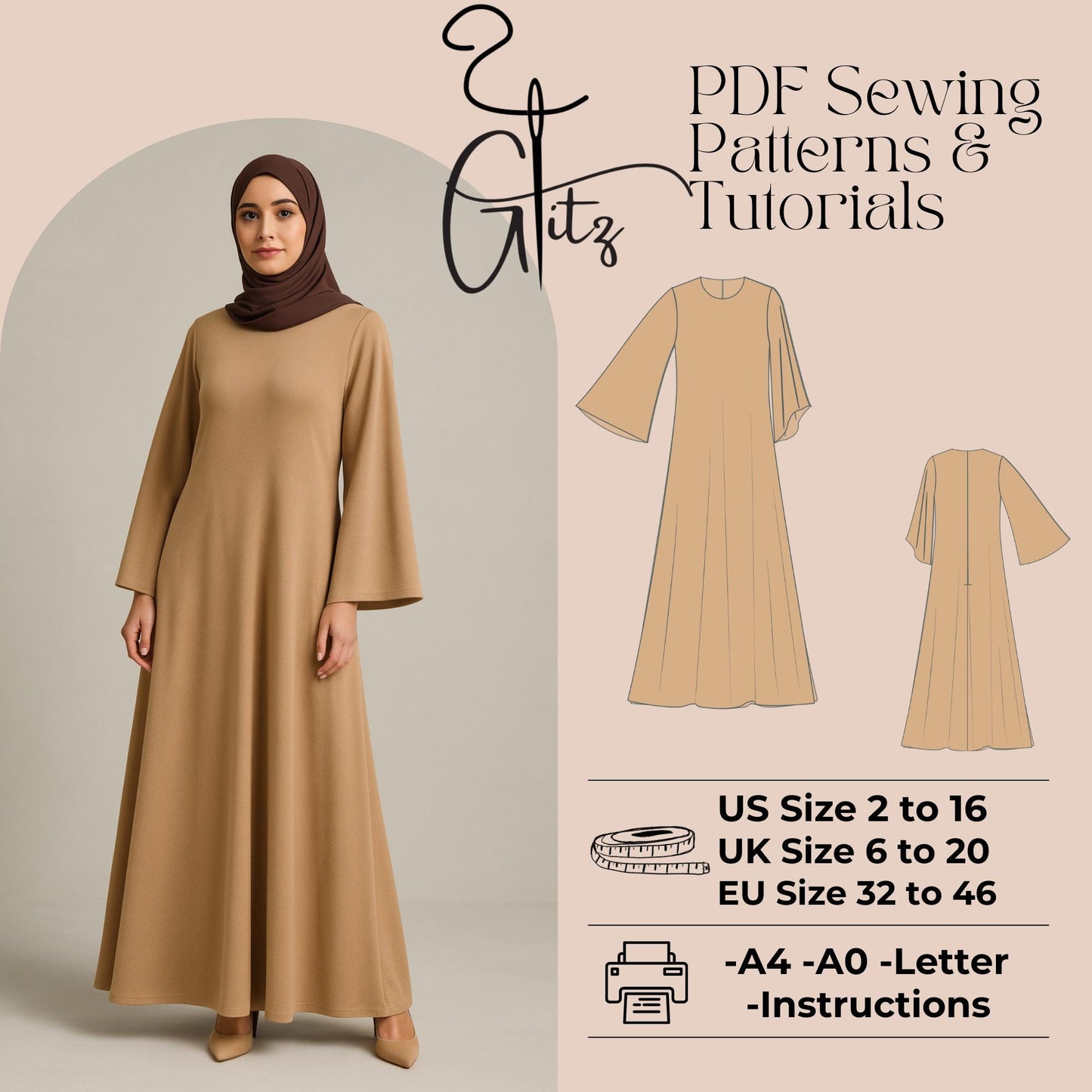 Modest Dress Sewing Pattern Muslim Dress Hijab Abaya Pattern Long Flared Sleeve Maxi Evening Dress
