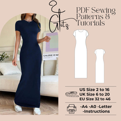 Long Bodycon Basic Dress Sewing Pattern Maxi Summer Dress Pattern Easy Sewing Pattern Beginner Friendly