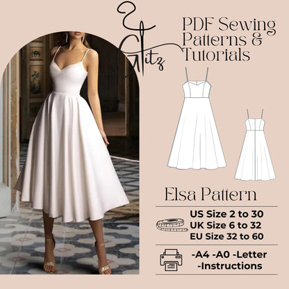 Elsa Midi Bridal Gown Sewing Pattern Midi Evening Cocktail Prom Dress Plus Size Pattern