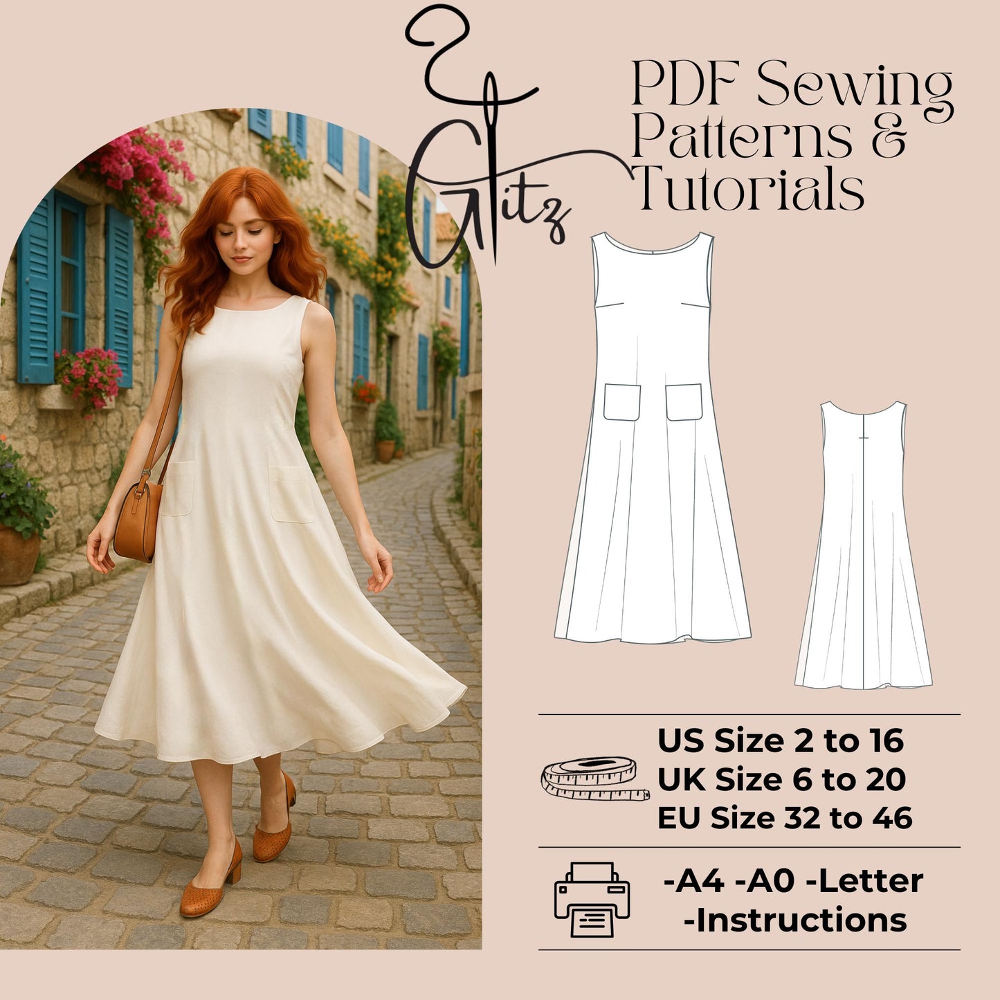 Midi Summer Dress Sewing Pattern Tent Dress Circle Dress with Pocket Easy Sewing Pattern