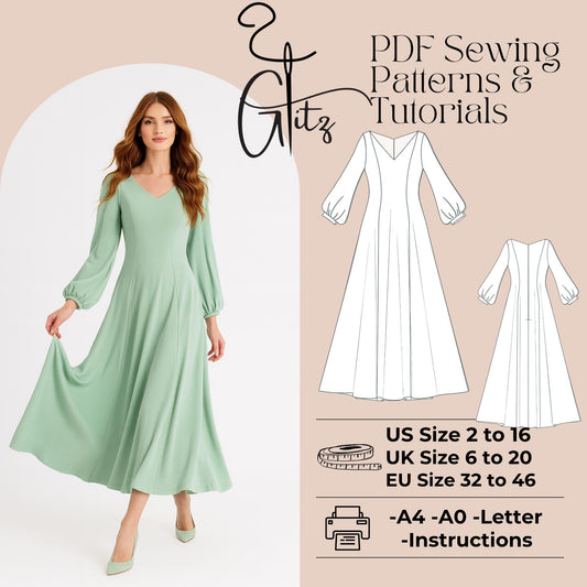 Cottagecore Dress Sewing Pattern Long Prom Dress Fairy Dress Pattern Long Puff Sleeve Dress Circle Dress