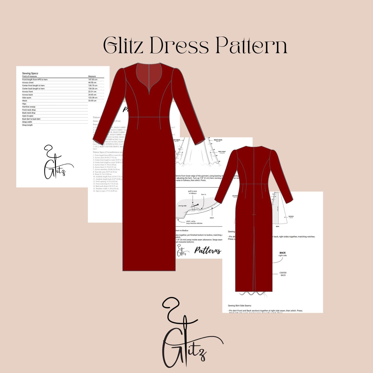 Structured Evening Dress Sewing Pattern | Digital PDF | Long Sleeve Fitted Gown with Princess Seams, Sweetheart Neckline Pattern