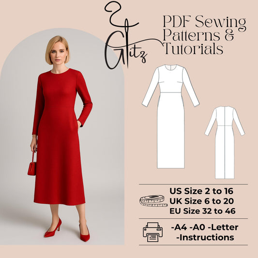 Long Sleeve Midi Formal Dress Sewing Pattern Casual Dress Office Dress Modest Dress Pattern
