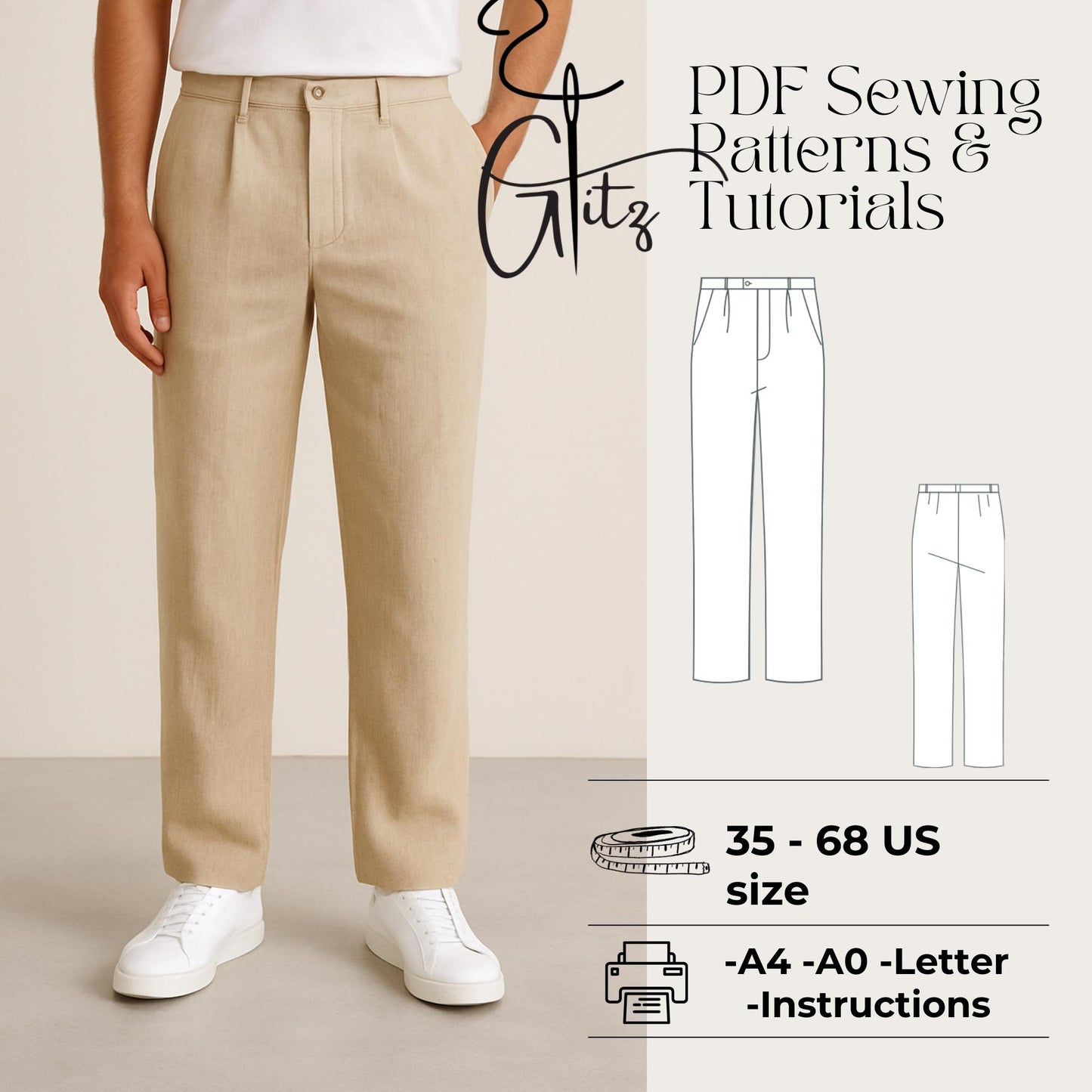 Men’s Pants Sewing Pattern | Classic Straight Leg Trousers PDF | Relaxed Fit Mens Linen Pants Pattern Digital Download