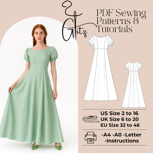 Regency Dress Sewing Pattern Puff Sleeve Cottagecore Dress Pattern Long Evening Dress