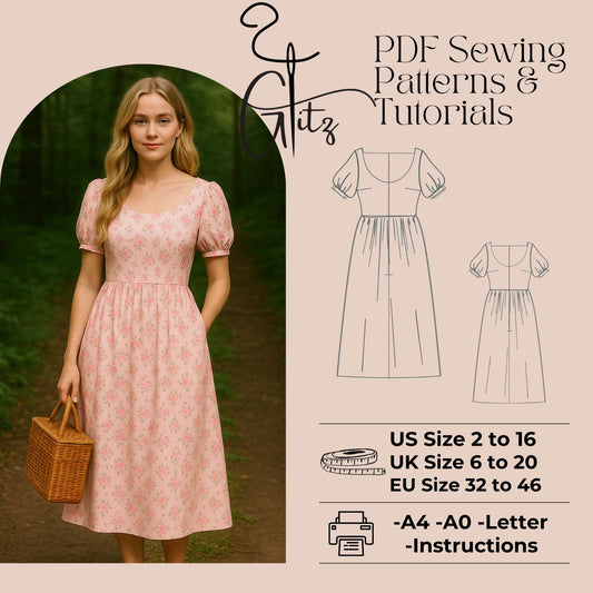 Puff Sleeve Midi Gathered Dress Cottagecore Dress Sewing Pattern Boho Summer Dress