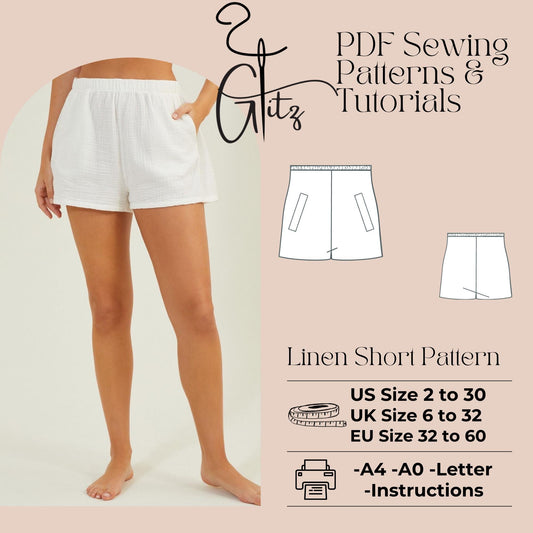 Summer Linen Wide Leg Mini Short Elastic Waist Easy Short Digital Sewing Pattern PDF US 2 - 30 Size Beginner Friendly