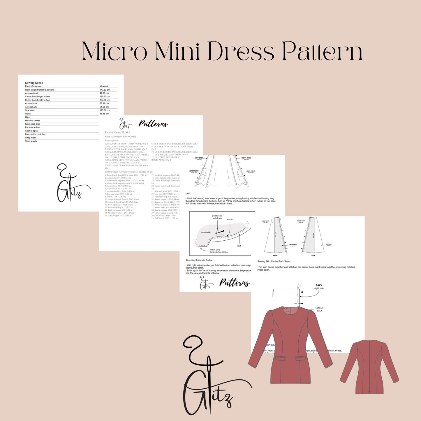 Long Sleeve Padded Micro Mini Pocket Dress Sewing Pattern PDF Digital Sewing Coctail Dress