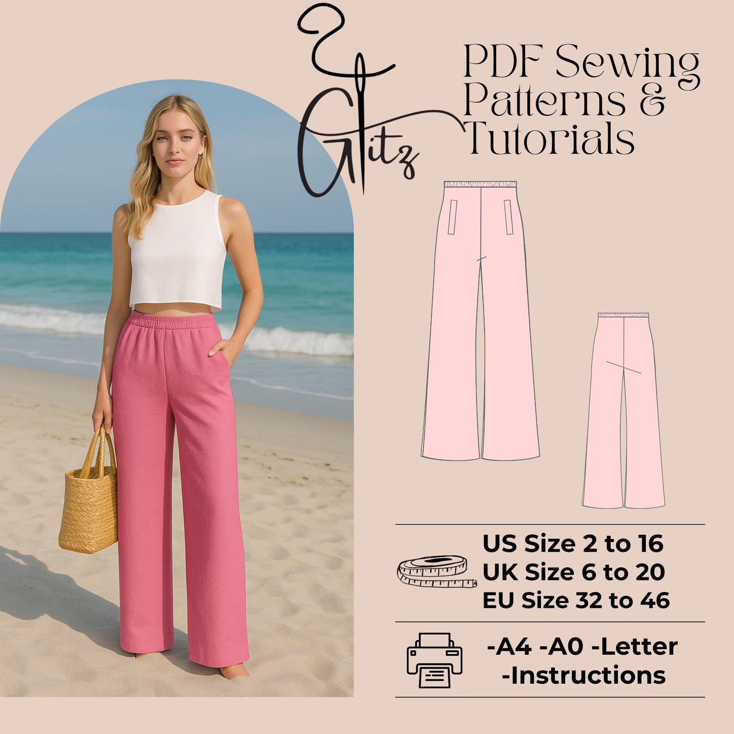Elastic Waist Summer Pants Sewing Pattern Simple Pants Pattern Linen Pants with Pocket