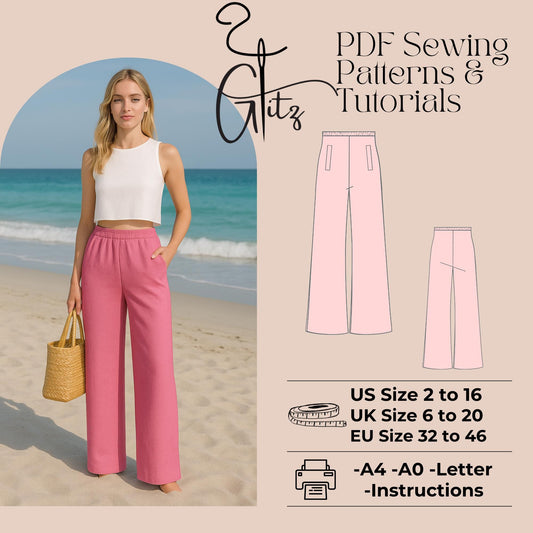 Elastic Waist Summer Pants Sewing Pattern Simple Pants Pattern Linen Pants with Pocket