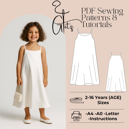 Girls Dress Sewing Pattern Straps Neck Long Dress Birthday Girl Dress Pattern Easy Sewing Pattern