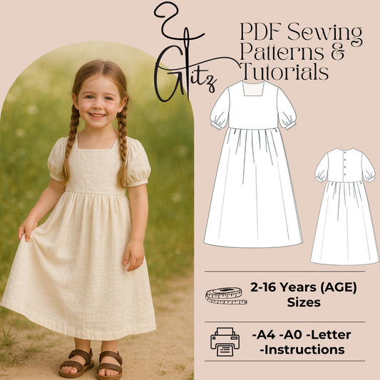 Girls Linen Summer Dress Sewing Pattern Girls Long Cottagecore Dress Kids Boho Dress