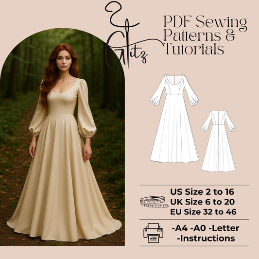 Long Puff Sleeve Maxi Prom Dress Sewing Pattern Long Cottagecore Dress Victorian Dress Regency Dress Bridal Gown