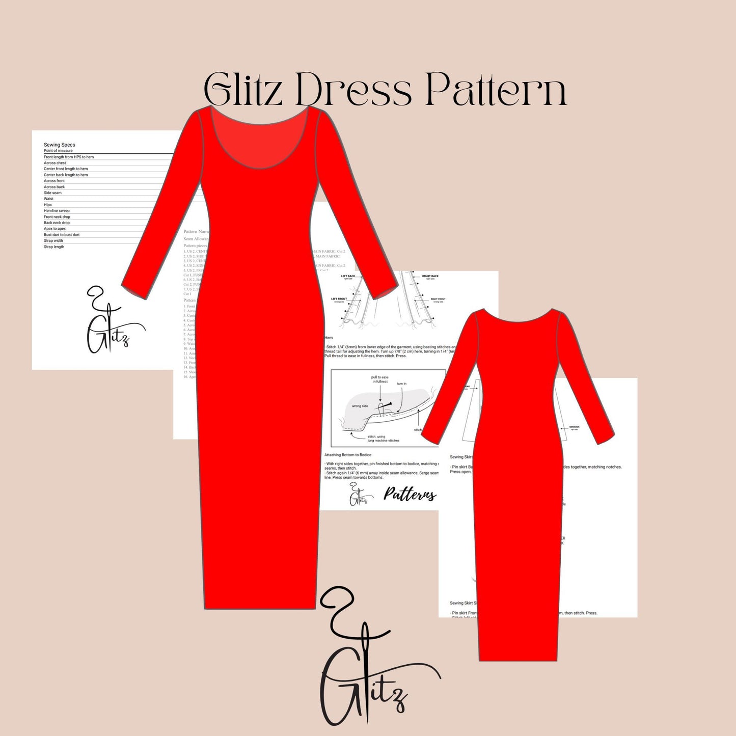 Long Sleeve Maxi Bodycon Dress Sewing Pattern Strech Basic Maxi Dress Digital Pattern PDF