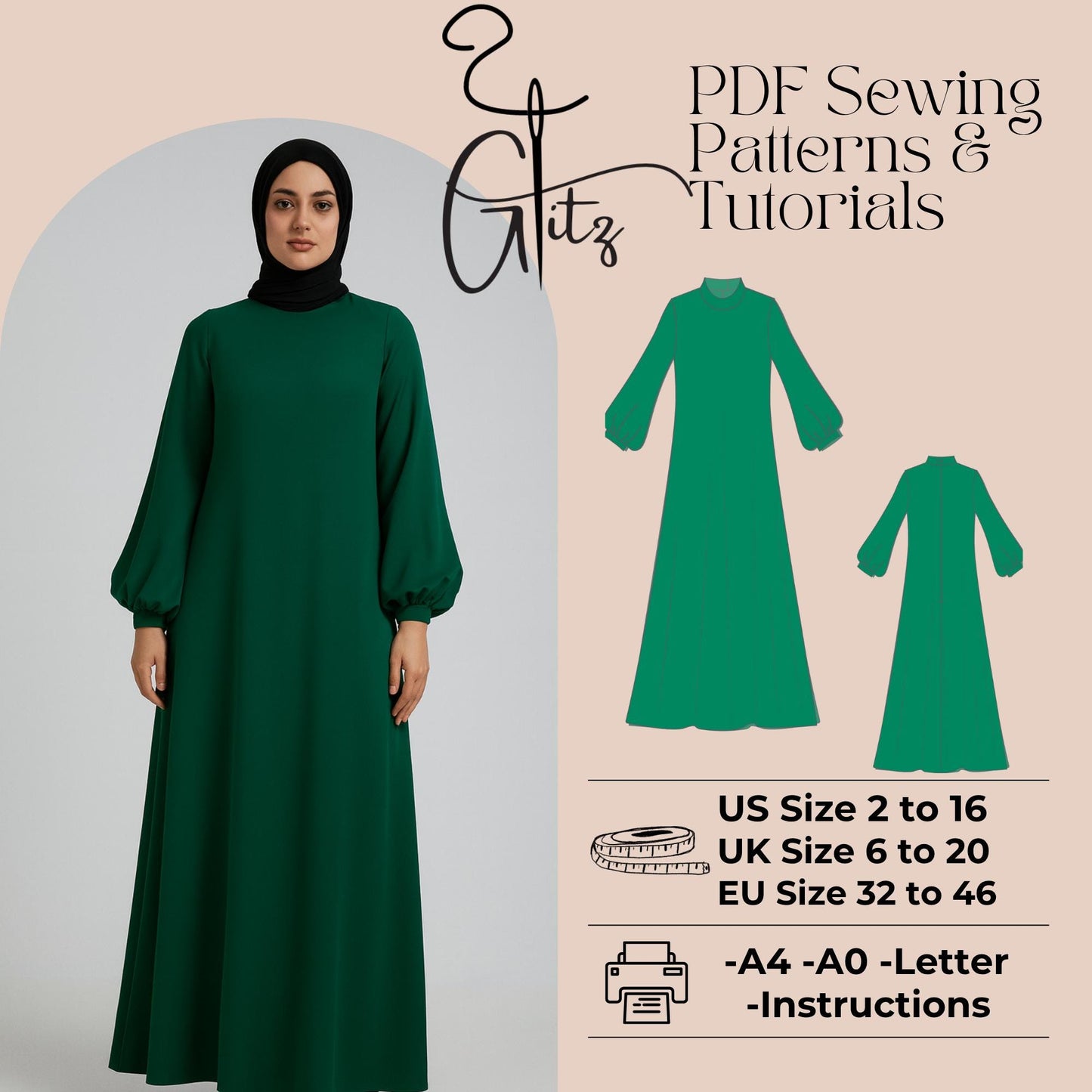 Long Sleeve Hijab Dress Modest Abaya Dress Sewing Pattern Long Robe Kaftan Modest, Hijab Maxi Evening Dress Sewing Pattern