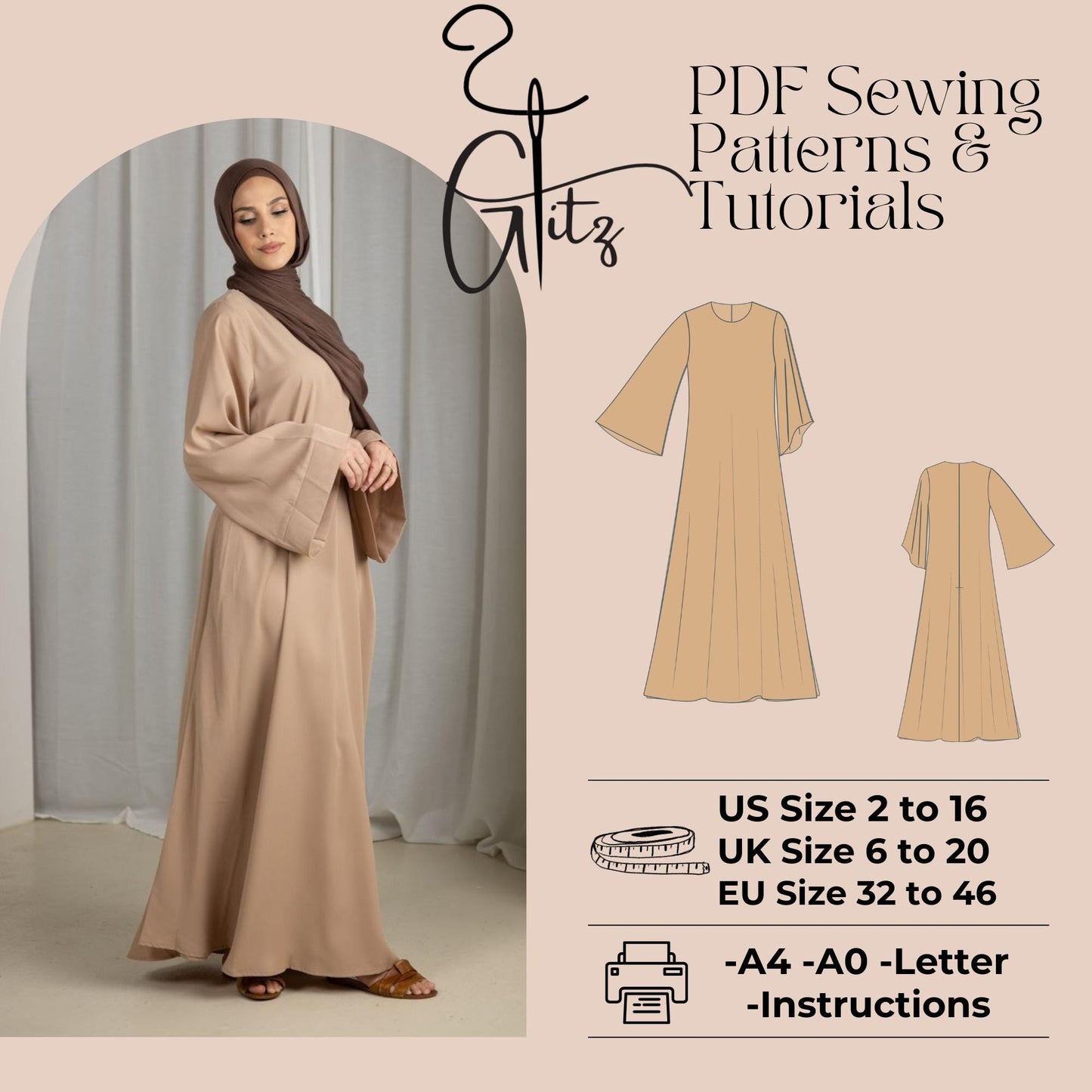 Long Flared Sleeve Dress Sewing Pattern Maxi Modest Dress Pattern