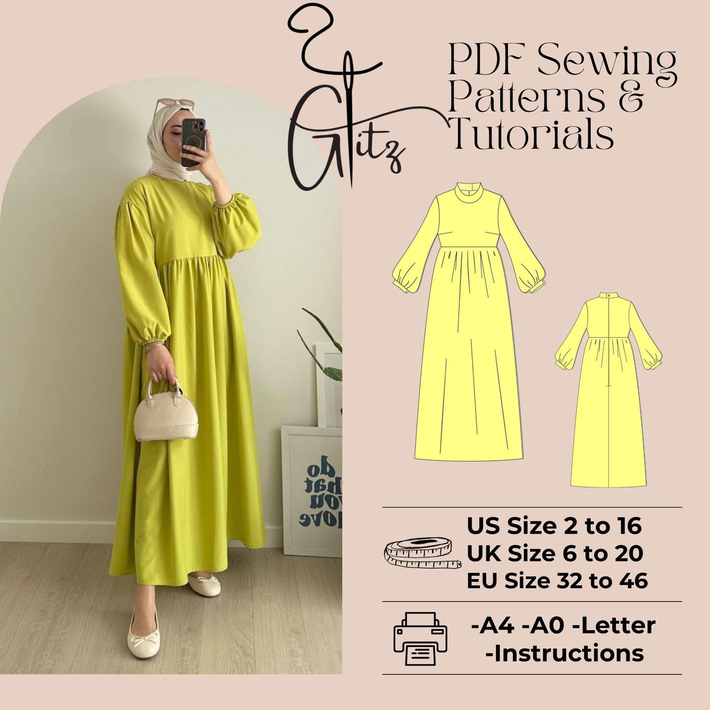 Modest Dress Sewing Pattern Boat Neck Long Puff Sleeve Gathered Prom Dress Abaya Hijab Dress Pattern