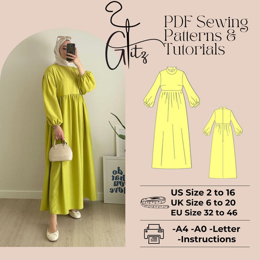 Modest Dress Sewing Pattern Boat Neck Long Puff Sleeve Gathered Prom Dress Abaya Hijab Dress Pattern