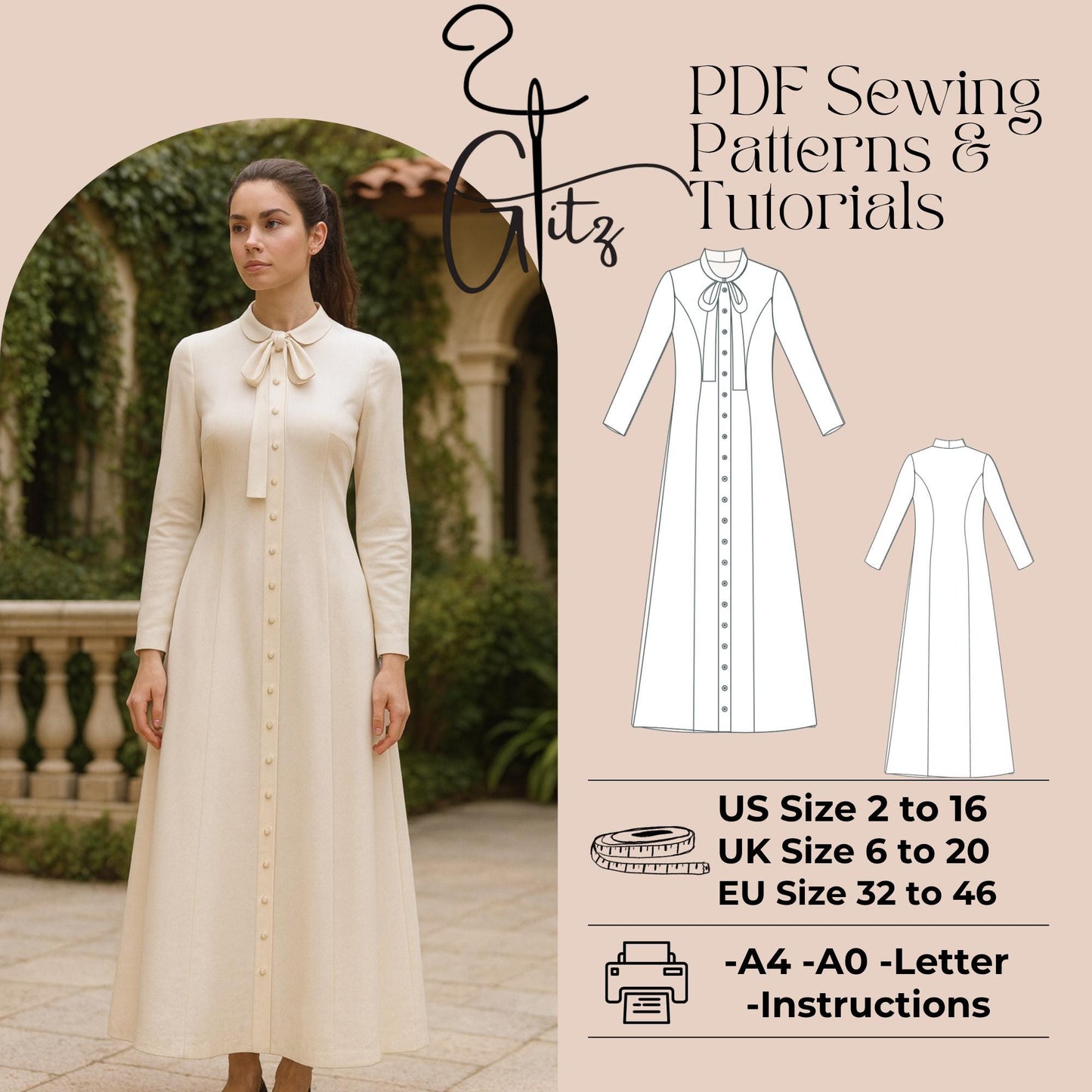 Modest Dress Sewing Pattern Buttoned Dress Pattern Long Evening Dress Victorian Dress