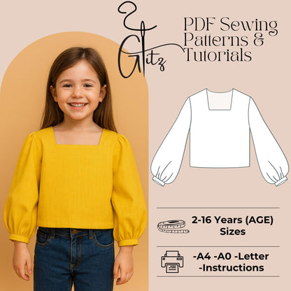 Long Puff Sleeve Blouse Sewing Pattern Girls Blouse Pattern Kids Top Sewing Pattern Square Neck Baby Girl Blouse Pattern Easy Sewing Pattern