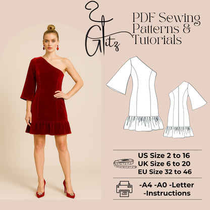 One Shoulder Mini Evening Dress Sewing Pattern Ruffled Hem Cocktail Dress Mini Prom Dress Pattern