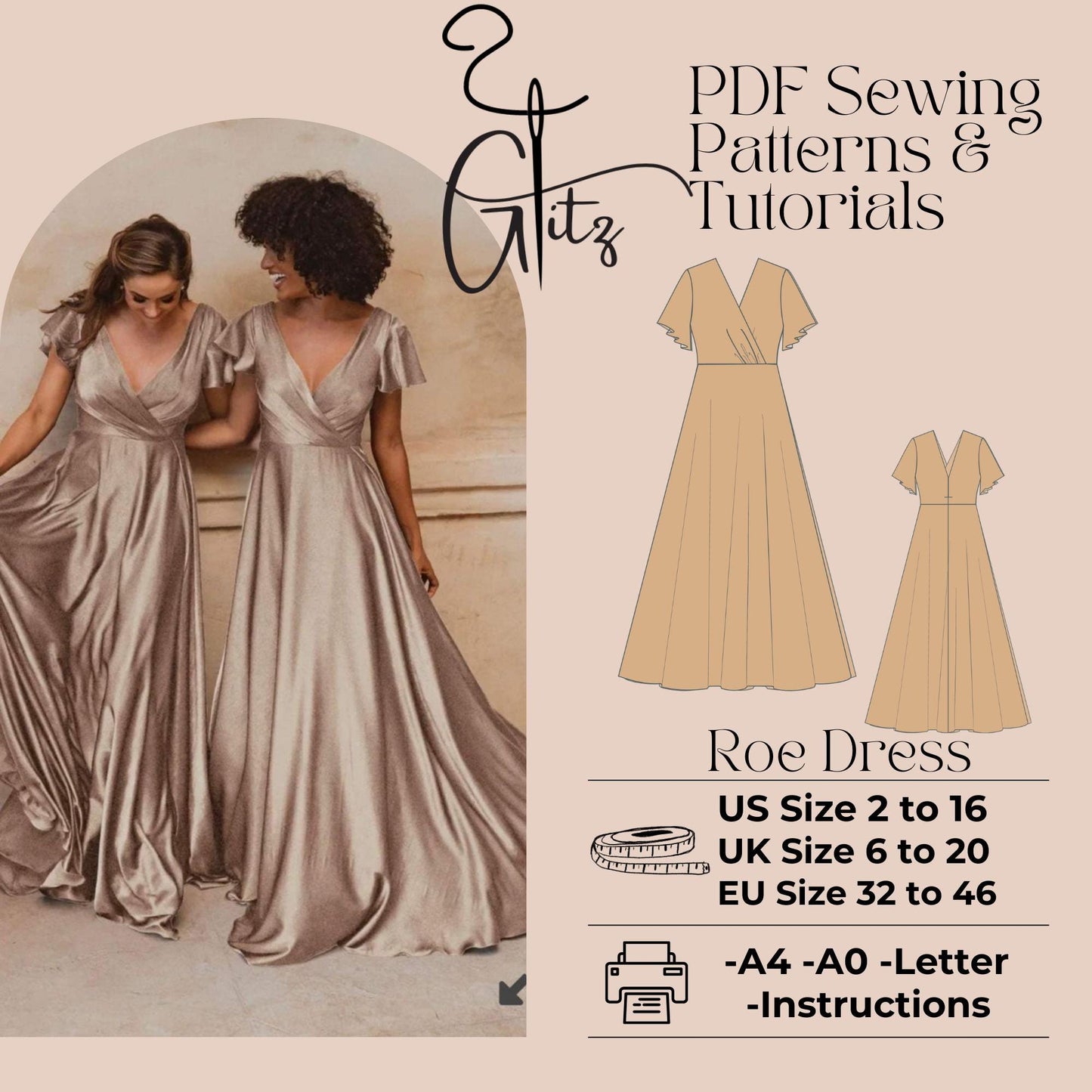 Flared Short Sleeve Draped Neck Long Prom Dress Digital Sewing Pattern Long Evening Cocktail Dress Bridesmaid Dress
