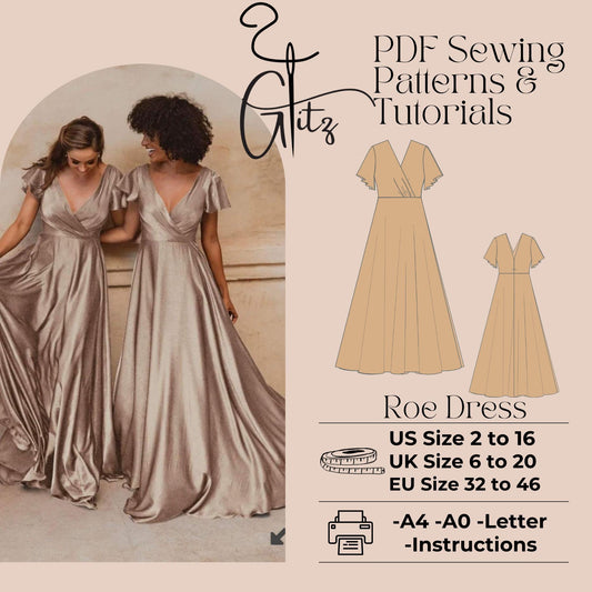 Flared Short Sleeve Draped Neck Long Prom Dress Digital Sewing Pattern Long Evening Cocktail Dress Bridesmaid Dress