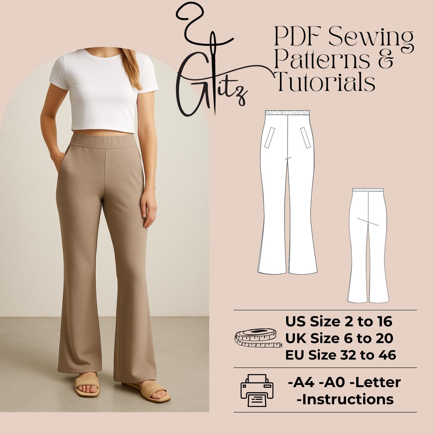 Elastic Waist Pocket Flared Pants Sewing Pattern Easy Pants Pattern Simple Pants Casual Pants Pattern