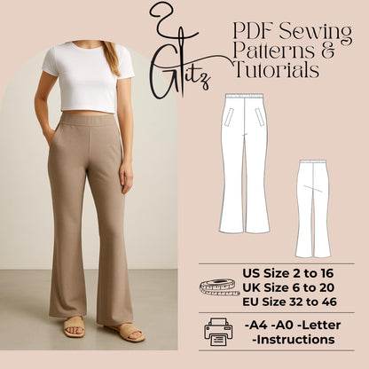 Elastic Waist Pocket Flared Pants Sewing Pattern Easy Pants Pattern Simple Pants Casual Pants Pattern