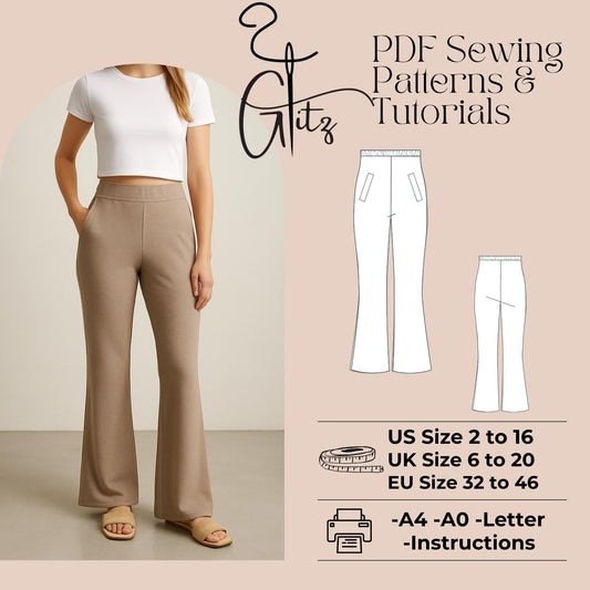 Elastic Waist Pocket Flared Pants Sewing Pattern Easy Pants Pattern Simple Pants Casual Pants Pattern