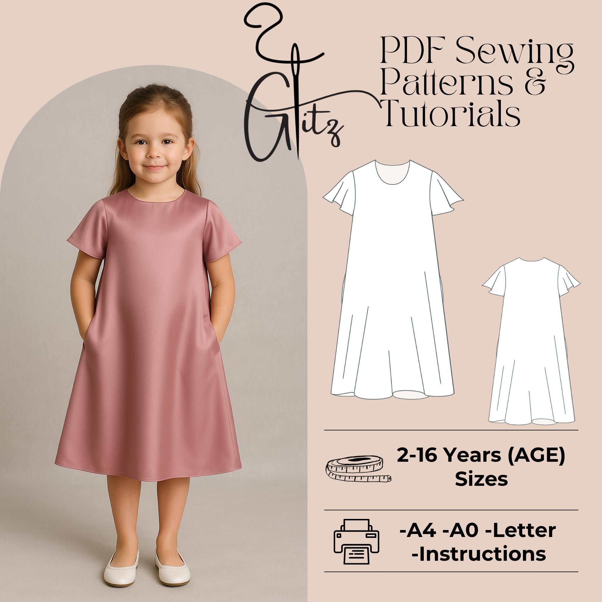 Girls Dress Sewing Pattern Girls Tent Dress Short Flare Sleeve Dress Pattern for Kids Simple Loose Dress Beginner Pattern 2-16Y