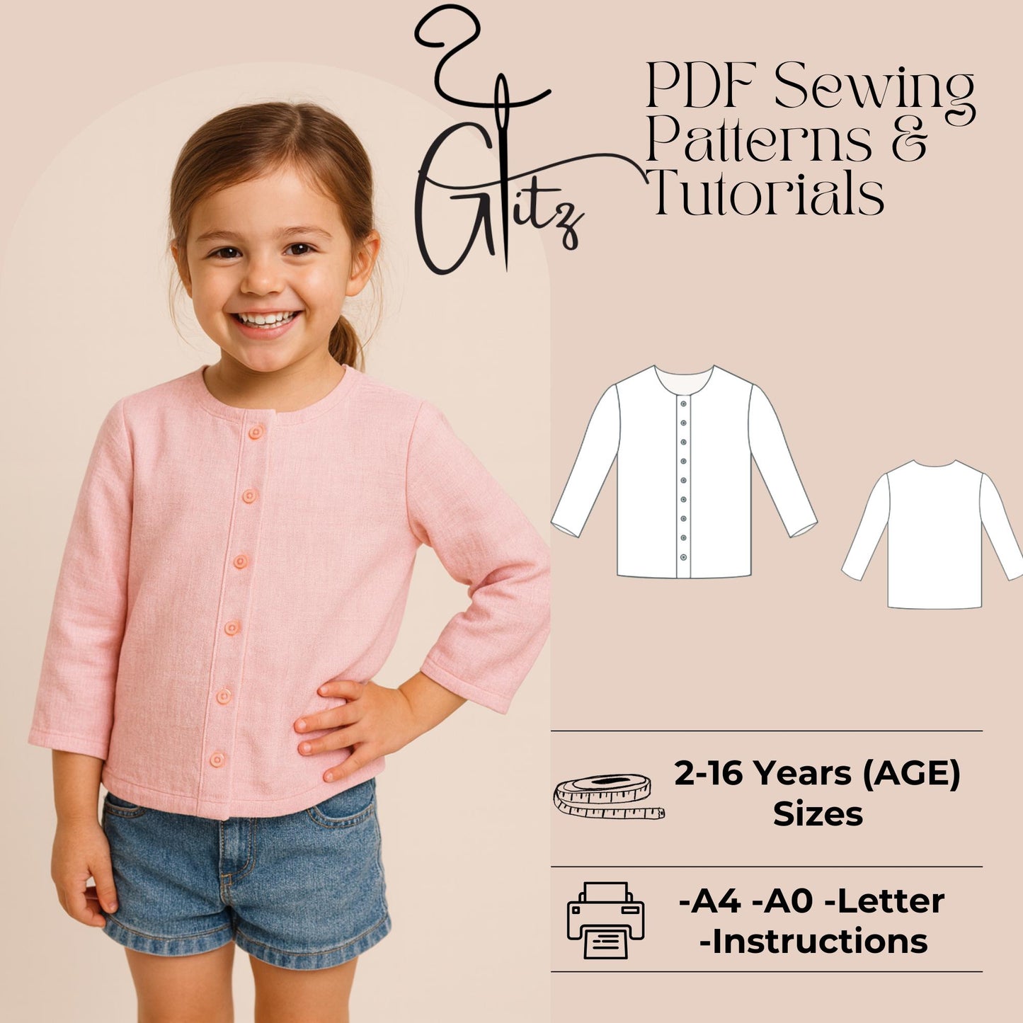 Kids Button Front Cardigan Pattern | Toddler Girls Long Sleeve Top Sewing Pattern | Beginner Friendly PDF Digital Download