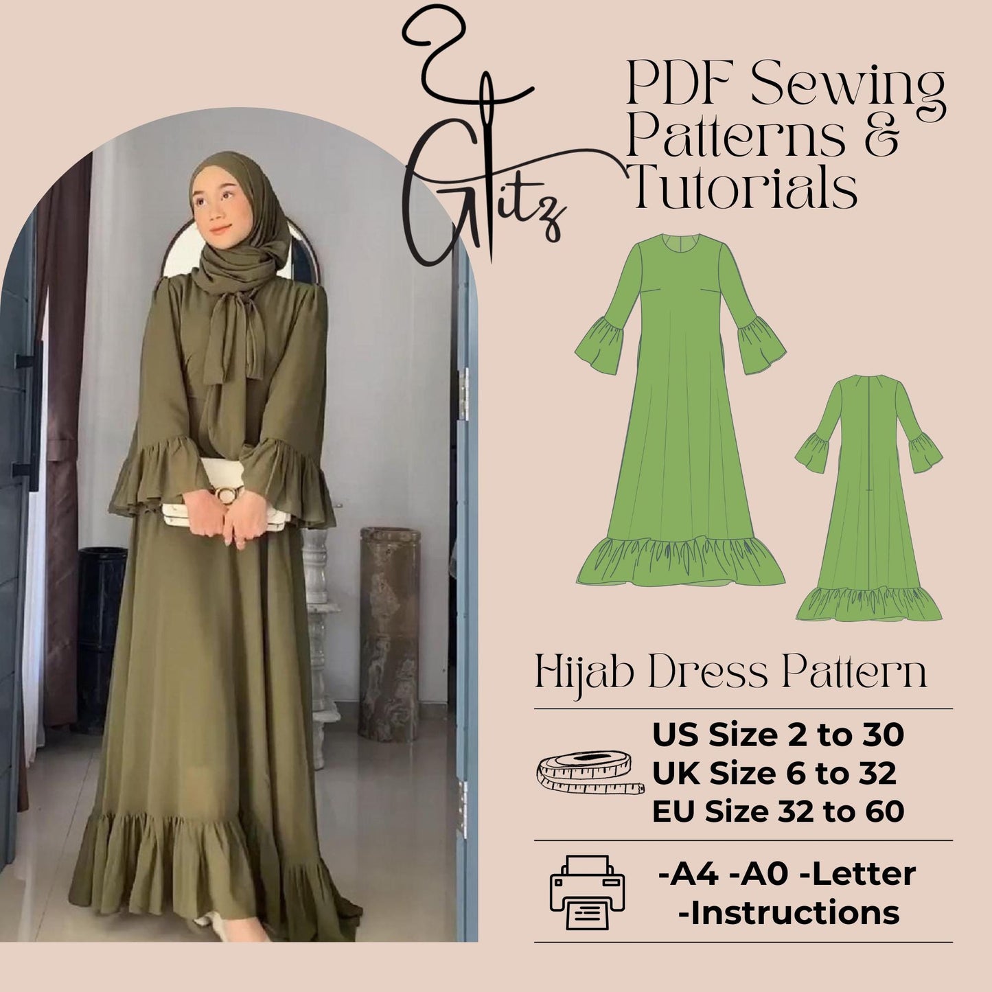 Flared Maxi Tent Dress Sewing Pattern Hijab Sewing Digital Pattern PDF