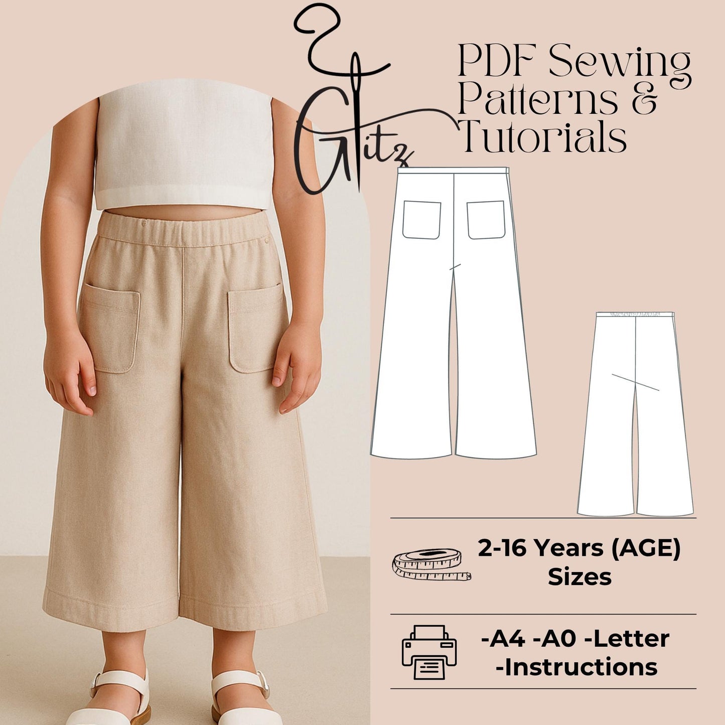 Beginner Pants Sewing Pattern PDF Girls Linen Wide Leg Pants Sewing Pattern Palazzo Pants Sewing Pattern for Kids Capri Pattern