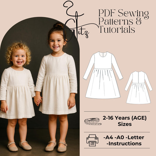 Girls Dress Sewing Pattern Long Sleeve Gathered Dress Cottagecore Dress Pattern Kids Dress Sewing Pattern