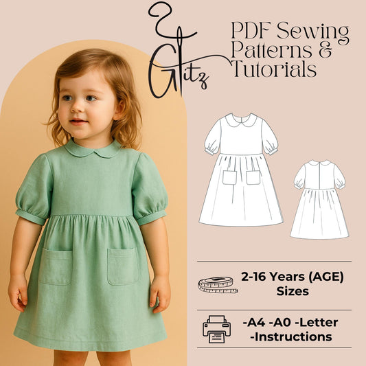 Girls Dress Sewing Pattern Flower Girl Dress Pattern Peter Pan Collar Neck Dress Kids Cottagecore Dress Pattern