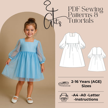 Girls Tulle Dress Sewing Pattern Flower Girl Dress Birthday Girl Dress Pattern Girl Bridesmaid Dress Gathered Dress