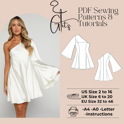 One Shoulder Mini Satin Dress Sewing Pattern Bride Party Dress Bridesmaid Dress Sewing Pattern Summer Dress