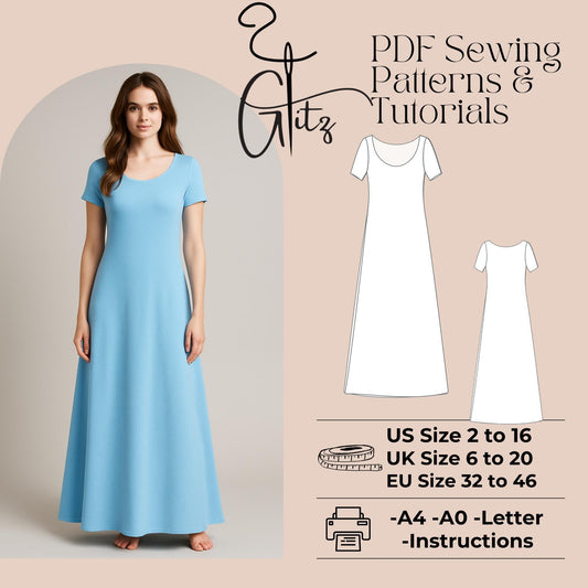 Strechy Summer Dress Sewing Pattern Long Basic Dress Casual Dress Easy Sewing Pattern Beginner Friendly