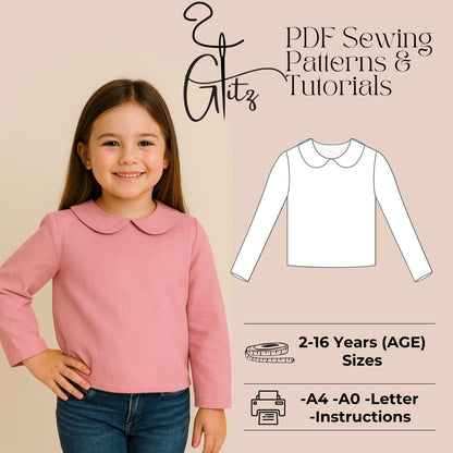 Girls Top Sewing Pattern Girls Blouse Sewing Pattern Peter Pan Collar Neck Blouse Pattern