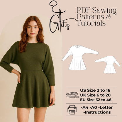 Kimono Sleeve Mini Dress Sewing Pattern Spring Basic Dress Pattern